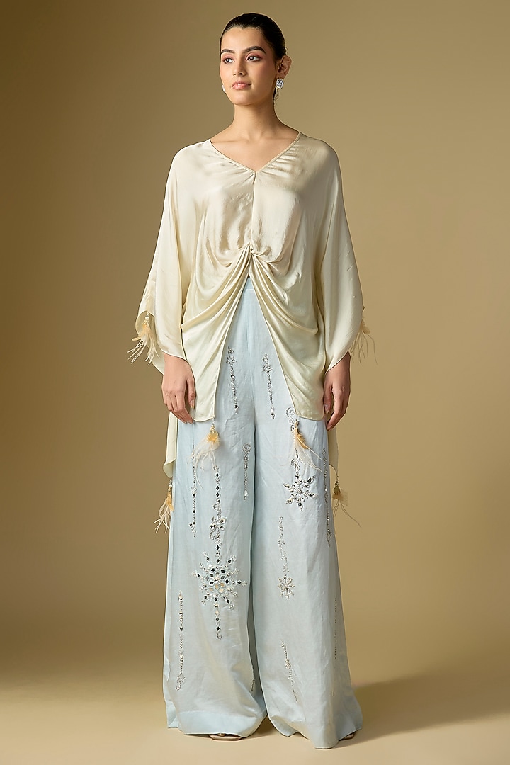 Light Blue Blended Linen Trousers by Dilnaz Karbhary at Pernia's Pop Up Shop