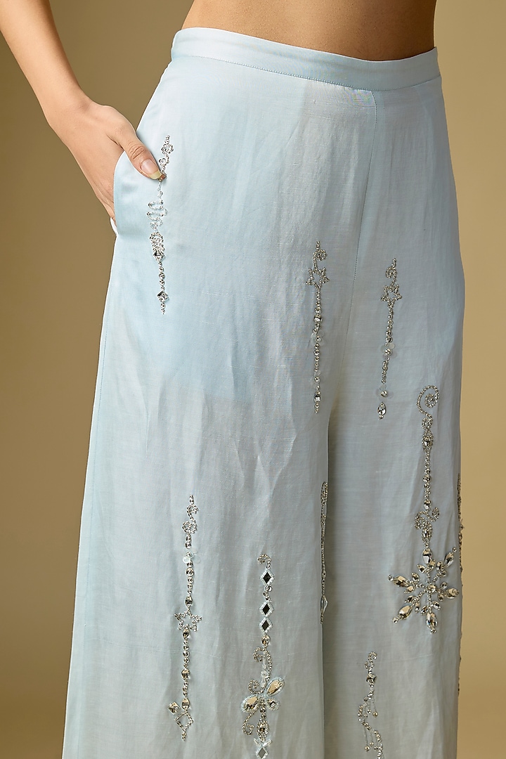 Light Blue Blended Linen Trousers by Dilnaz Karbhary at Pernia's Pop Up Shop