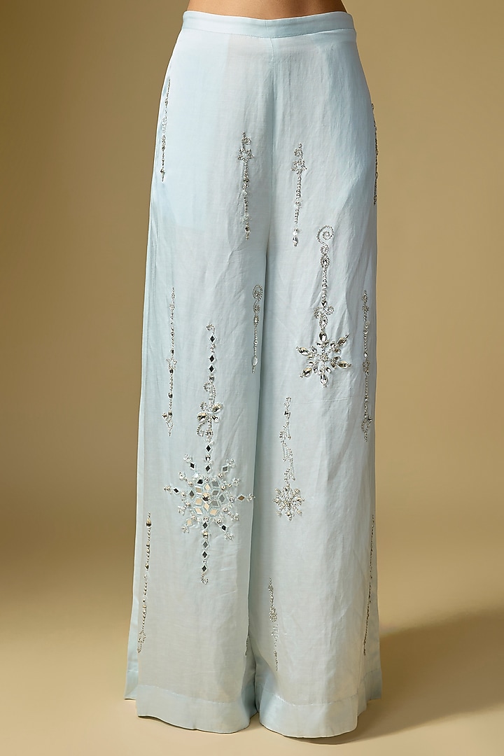 Light Blue Blended Linen Trousers by Dilnaz Karbhary at Pernia's Pop Up Shop