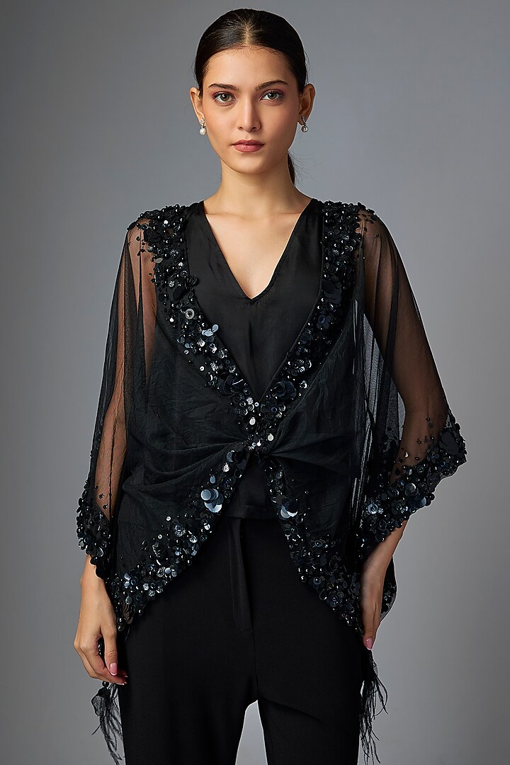 Black Net Sequins Embroidered Kaftan Top by Dilnaz Karbhary at Pernia's Pop Up Shop