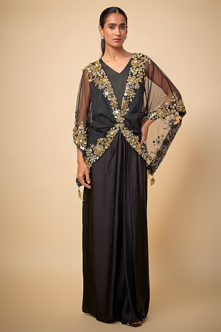 Black Blended Satin Draped Skirt by Dilnaz Karbhary at Pernia's Pop Up Shop