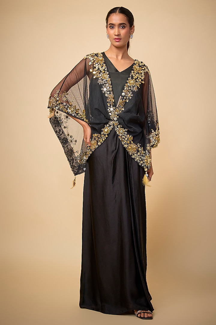 Black Blended Satin Draped Skirt by Dilnaz Karbhary at Pernia's Pop Up Shop