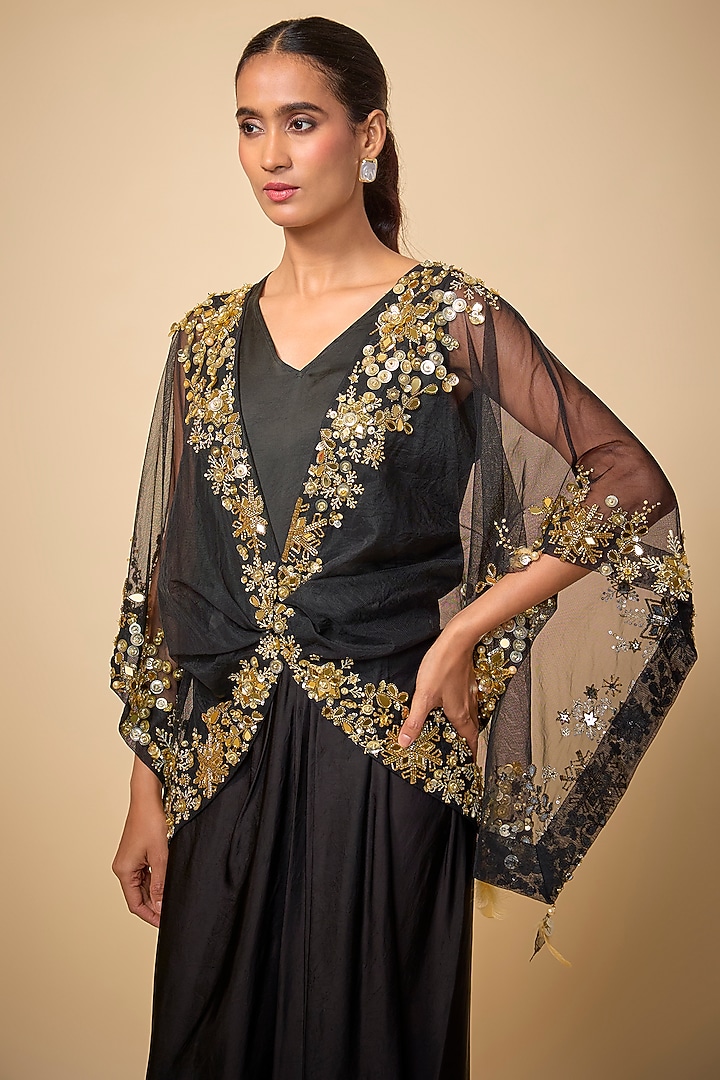 Black Blended Satin Draped Skirt by Dilnaz Karbhary at Pernia's Pop Up Shop