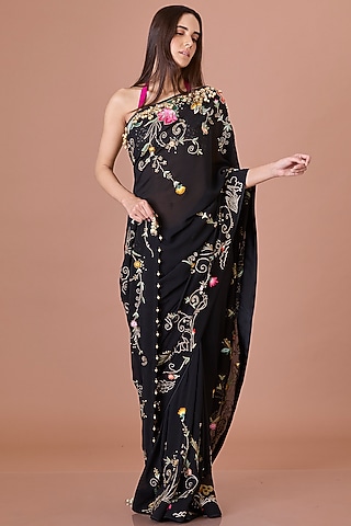 Black Georgette Thread Work Saree Set by Dilnaz Karbhary