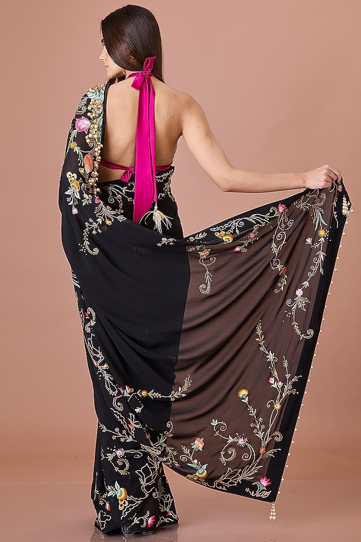Black Georgette Thread Work Bridal Saree Set by Dilnaz Karbhary at Pernia's Pop Up Shop