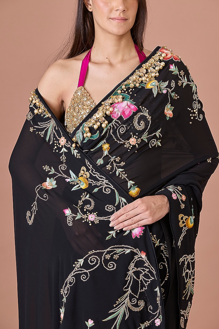 Black Georgette Thread Work Bridal Saree Set by Dilnaz Karbhary at Pernia's Pop Up Shop