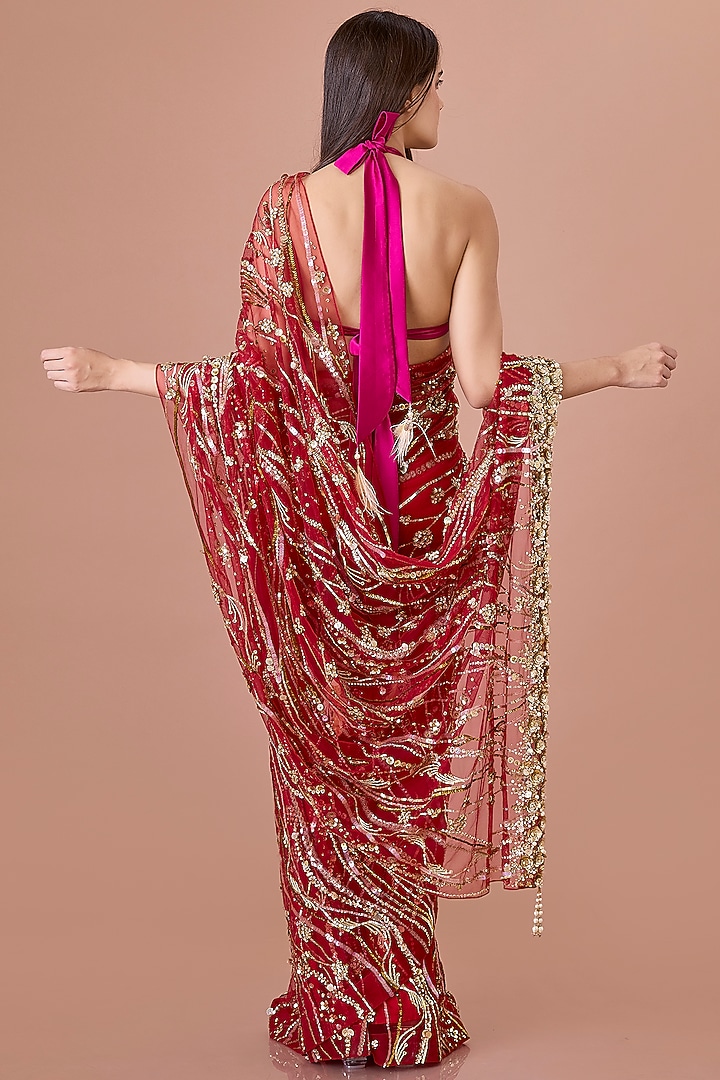 Burgundy Red Net Sequins Hand Embroidered Reception Saree Set by Dilnaz Karbhary at Pernia's Pop Up Shop