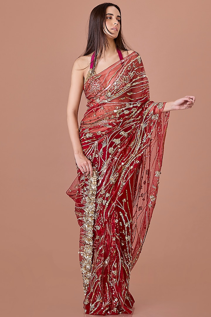 Burgundy Red Net Sequins Hand Embroidered Reception Saree Set by Dilnaz Karbhary at Pernia's Pop Up Shop