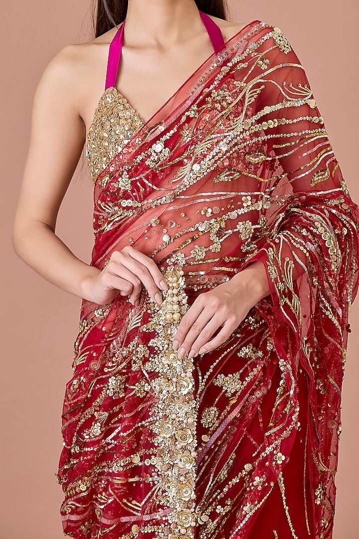 Burgundy Red Net Sequins Hand Embroidered Reception Saree Set by Dilnaz Karbhary at Pernia's Pop Up Shop