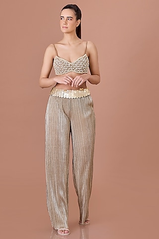 Nude-Gold Poly Satin Hand Embroidered Bustier by Dilnaz Karbhary