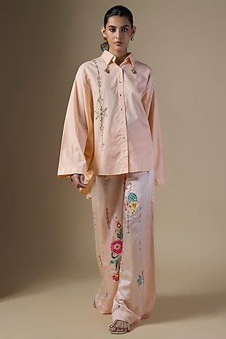 Peach Blended Linen Trousers by Dilnaz Karbhary