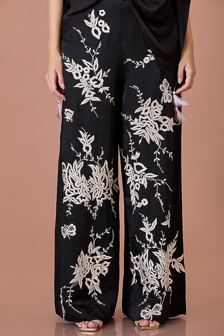 Black Blended Linen Parsi Gara Floral Embroidered Trousers by Dilnaz Karbhary at Pernia's Pop Up Shop