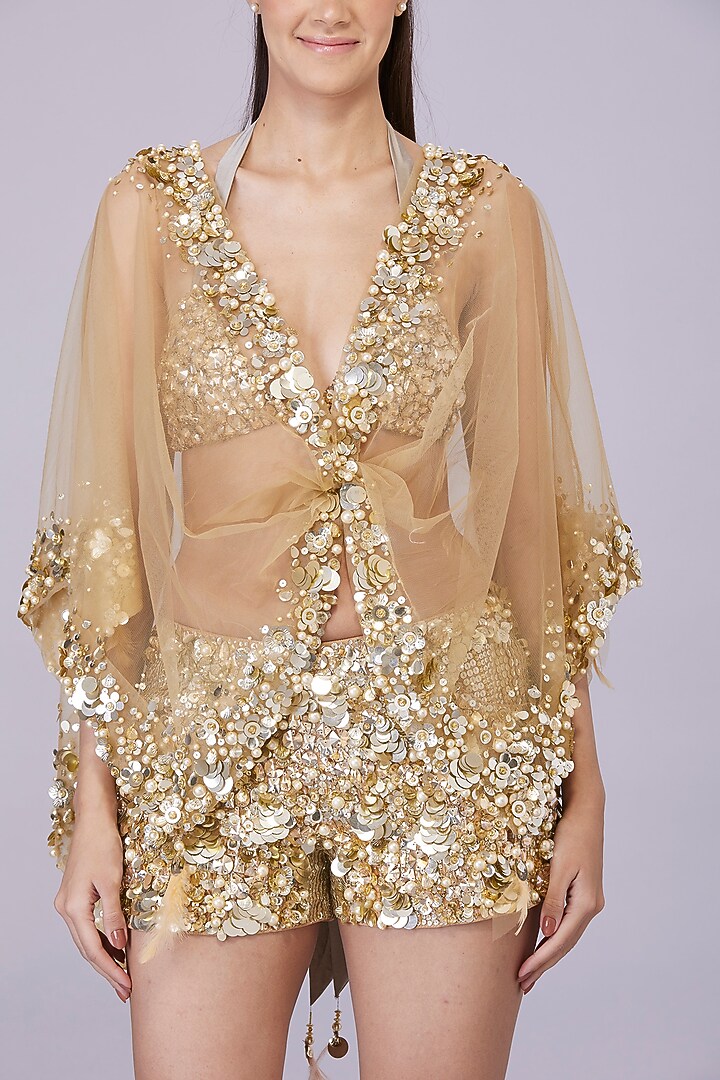 Gold Net Sequins Embroidered Kaftan by Dilnaz Karbhary at Pernia's Pop Up Shop