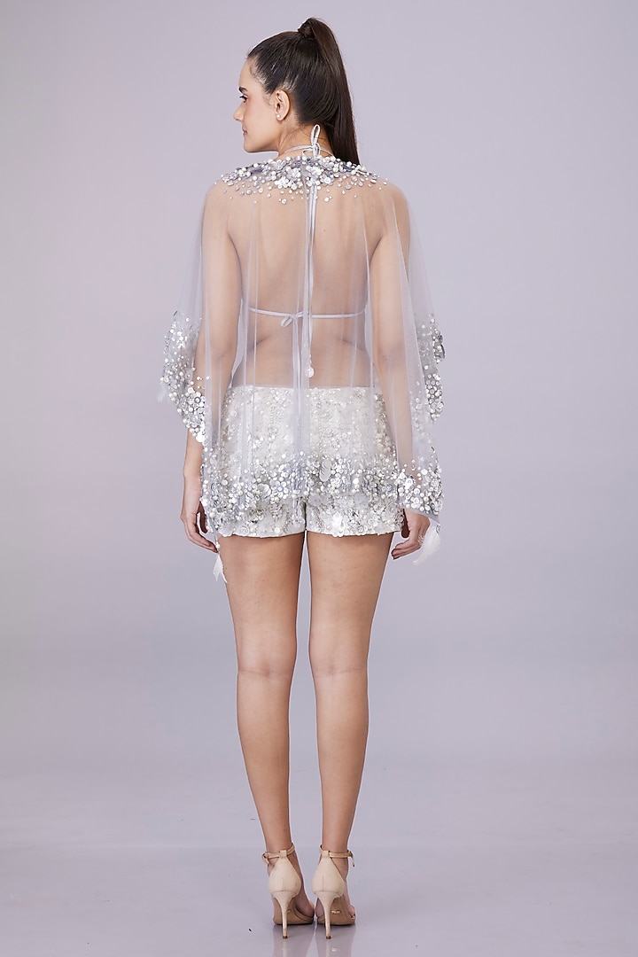 Cream Poly Satin Pearl Embroidered Shorts by Dilnaz Karbhary at Pernia's Pop Up Shop