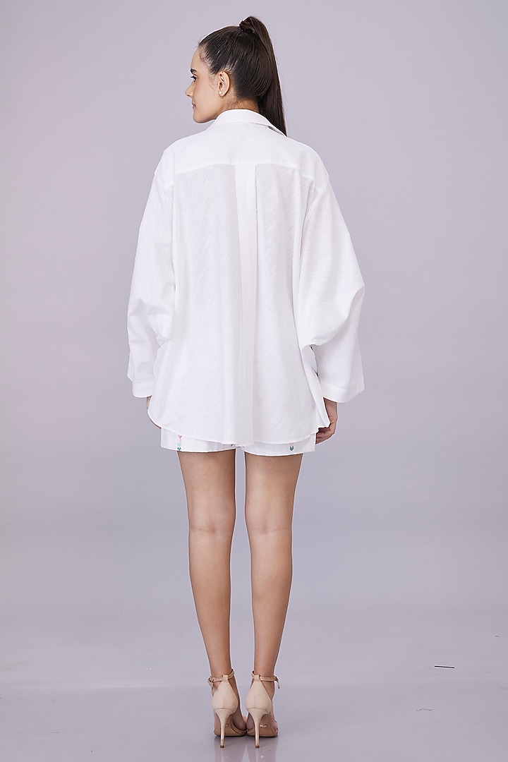 White Blended Linen Gara Embroidered Shirt by Dilnaz Karbhary at Pernia's Pop Up Shop