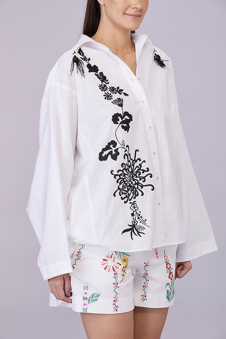 White Blended Linen Gara Embroidered Shirt by Dilnaz Karbhary at Pernia's Pop Up Shop