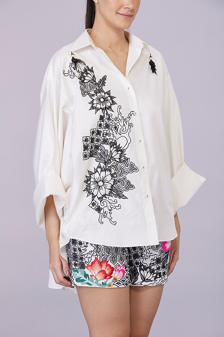 Light Cream Blended Cotton Cutwork Embroidered Shirt by Dilnaz Karbhary at Pernia's Pop Up Shop