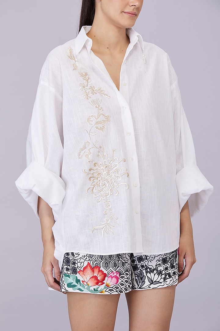 White Blended Linen Gara Hand Embroidered Shirt by Dilnaz Karbhary at Pernia's Pop Up Shop