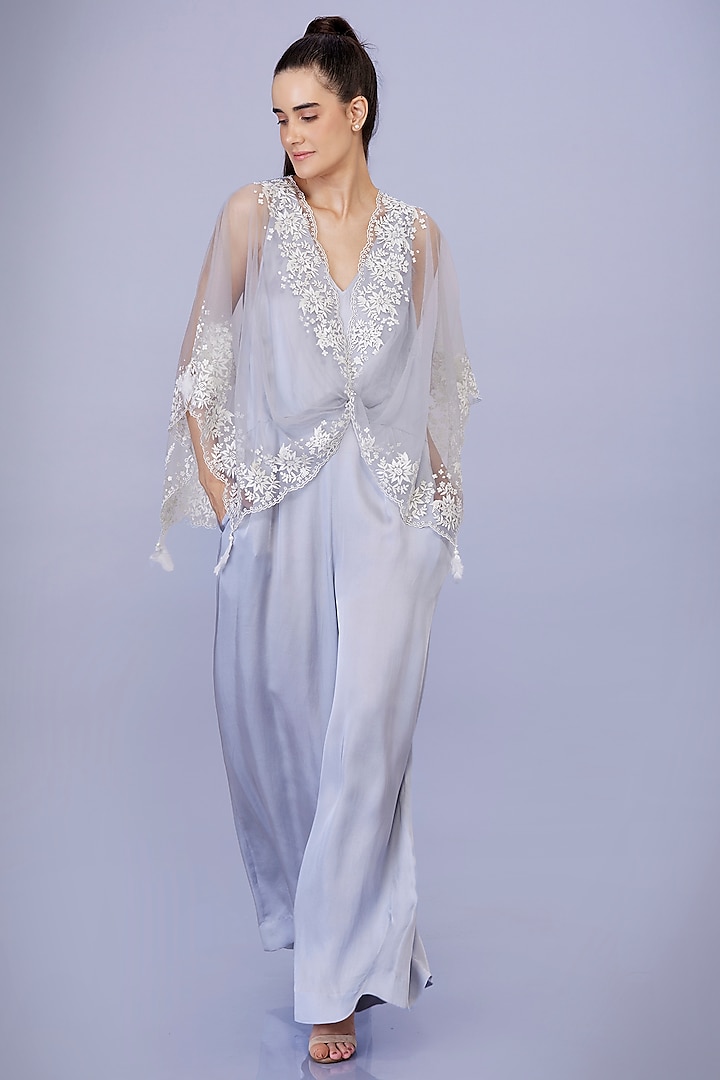 Light Grey Blended Satin Jumpsuit With Kaftan by Dilnaz Karbhary at Pernia's Pop Up Shop