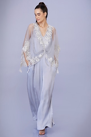 Light Grey Blended Satin Jumpsuit With Kaftan by Dilnaz Karbhary