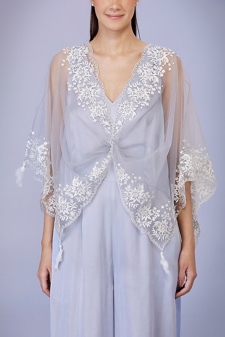 Light Grey Blended Satin Jumpsuit With Kaftan by Dilnaz Karbhary at Pernia's Pop Up Shop