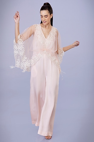 Light Peach Blended Satin Jumpsuit With Kaftan by Dilnaz Karbhary