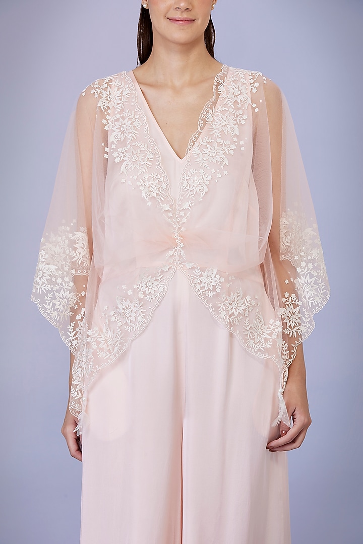 Light Peach Blended Satin Jumpsuit With Kaftan by Dilnaz Karbhary at Pernia's Pop Up Shop