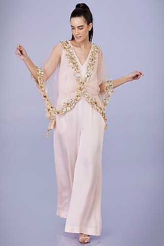 Light Peach Blended Satin Jumpsuit With Kaftan by Dilnaz Karbhary