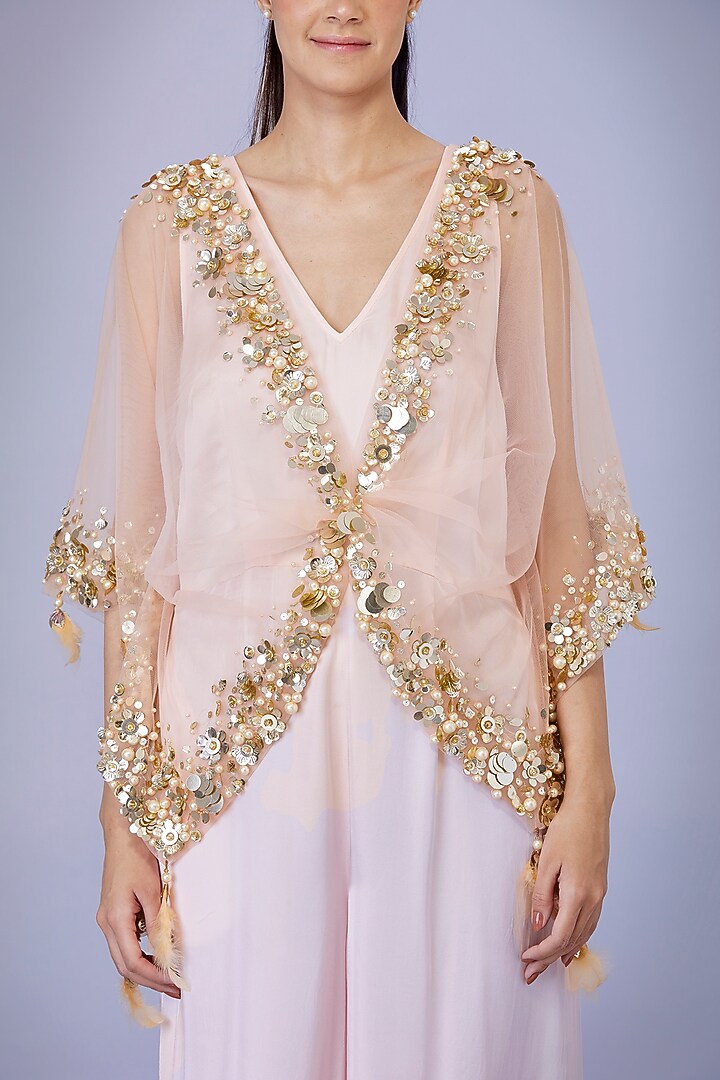 Light Peach Blended Satin Jumpsuit With Kaftan by Dilnaz Karbhary at Pernia's Pop Up Shop