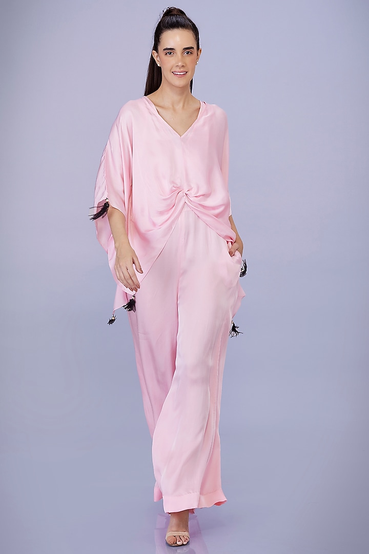 Light Pink Blended Satin Jumpsuit With Kaftan by Dilnaz Karbhary at Pernia's Pop Up Shop