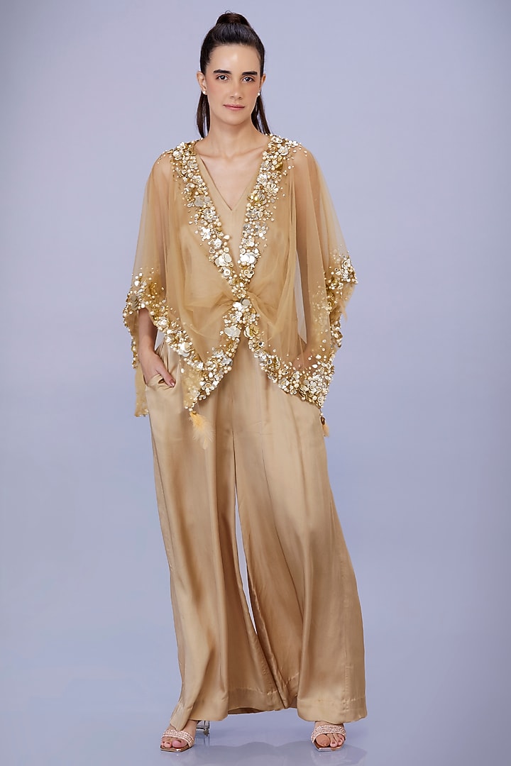 Light Peach Blended Satin Jumpsuit With Kaftan by Dilnaz Karbhary at Pernia's Pop Up Shop