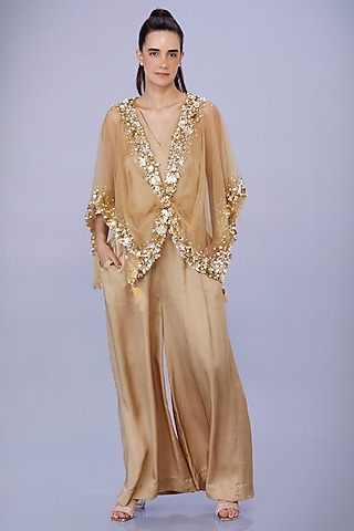Light Gold Blended Satin Jumpsuit With Kaftan by Dilnaz Karbhary