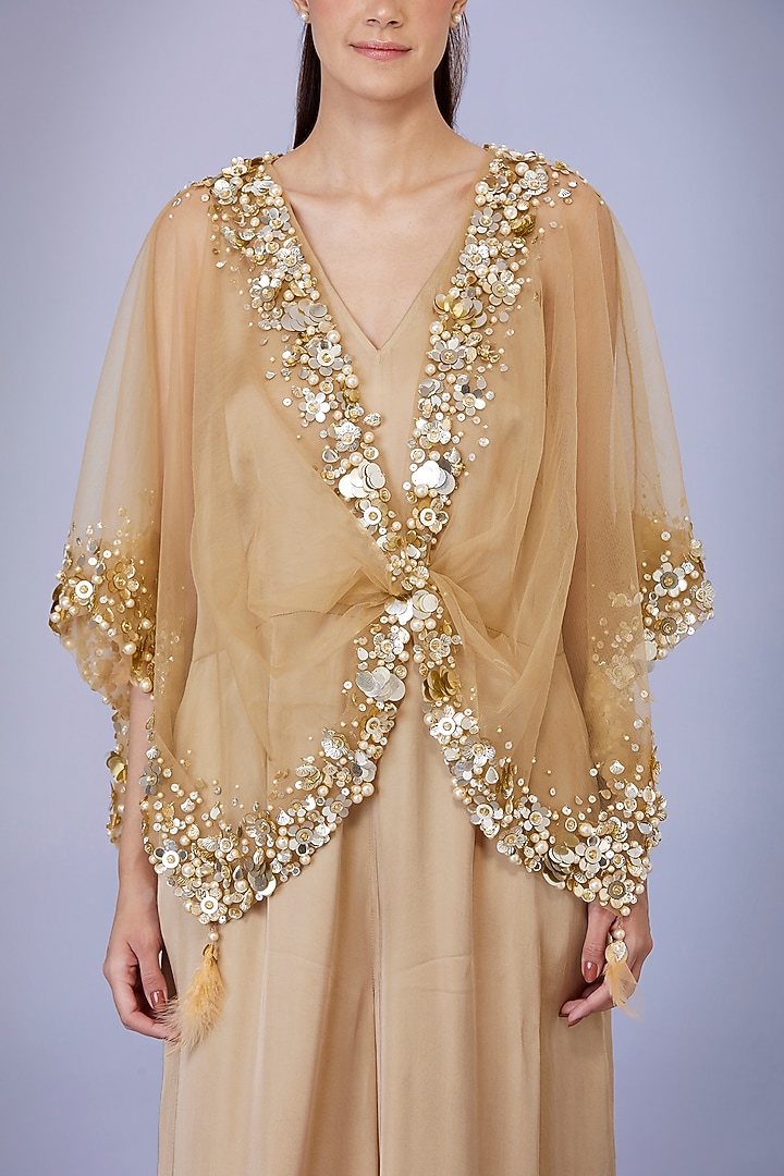 Light Gold Blended Satin Jumpsuit With Kaftan by Dilnaz Karbhary at Pernia's Pop Up Shop