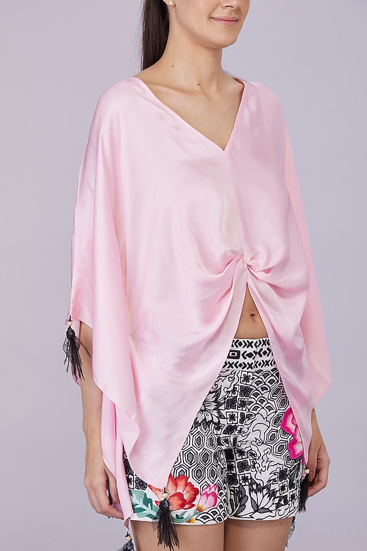 Light Pink Blended Satin Draped Kaftan Top by Dilnaz Karbhary at Pernia's Pop Up Shop