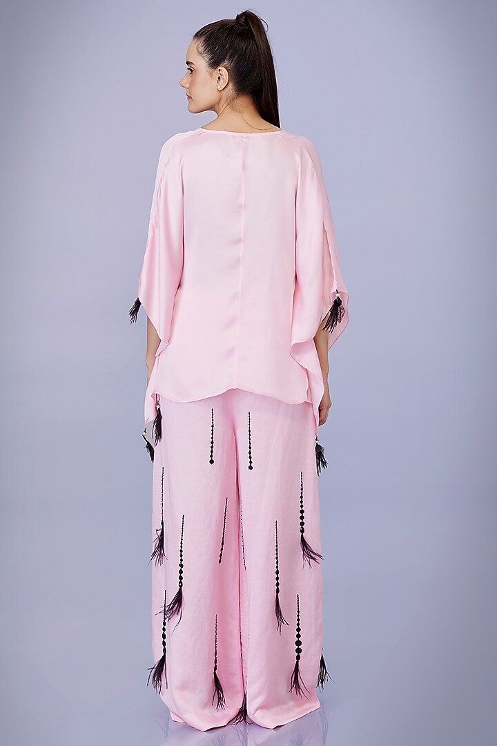 Light Pink Blended Satin Linen Sequins Embroidered Trousers by Dilnaz Karbhary at Pernia's Pop Up Shop
