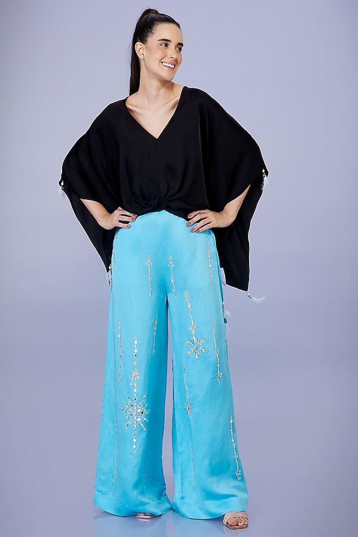 Pop Blue Blended Satin Linen Trousers by Dilnaz Karbhary at Pernia's Pop Up Shop