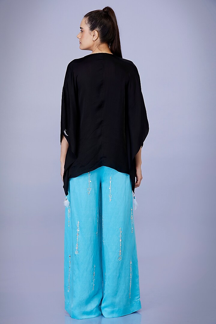 Pop Blue Blended Satin Linen Trousers by Dilnaz Karbhary at Pernia's Pop Up Shop