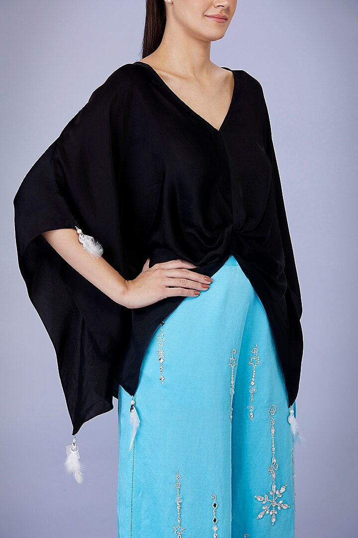 Pop Blue Blended Satin Linen Trousers by Dilnaz Karbhary at Pernia's Pop Up Shop