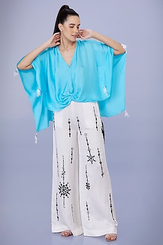 Pop Blue Blended Satin Draped Kaftan Top by Dilnaz Karbhary