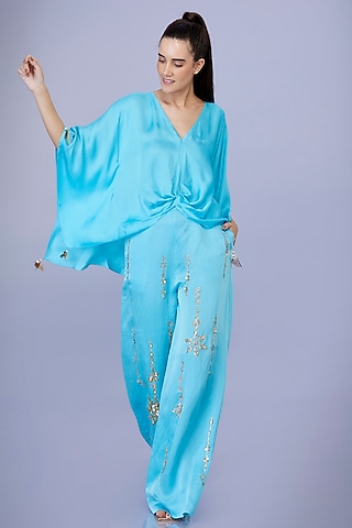 Pop Blue Blended Satin Draped Kaftan Top by Dilnaz Karbhary