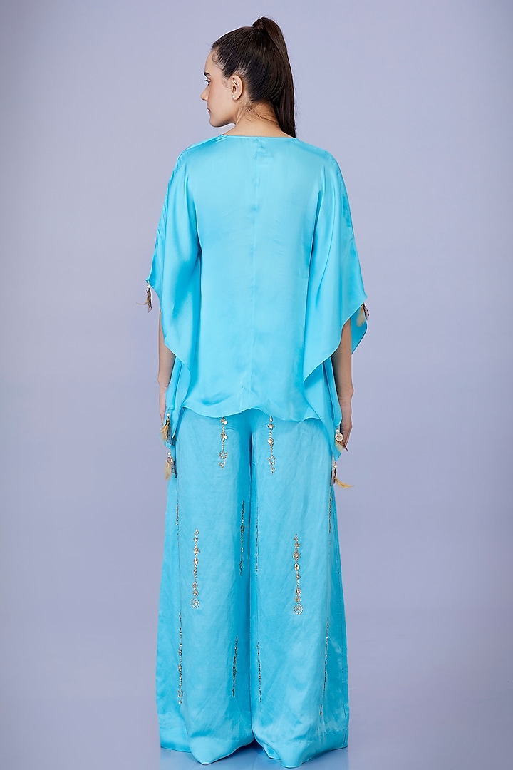 Pop Blue Blended Satin Draped Kaftan Top by Dilnaz Karbhary at Pernia's Pop Up Shop
