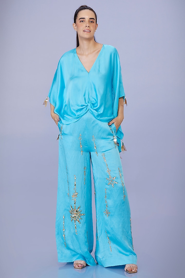 Pop Blue Blended Satin Draped Kaftan Top by Dilnaz Karbhary at Pernia's Pop Up Shop