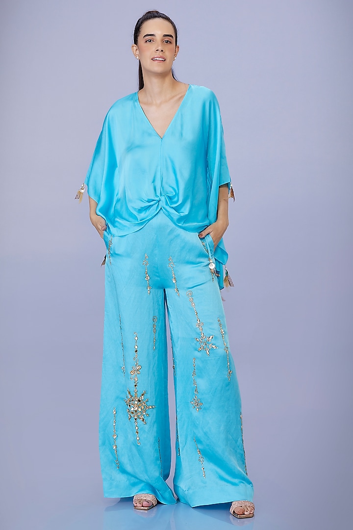 Pop Blue Blended Satin Linen Trousers by Dilnaz Karbhary at Pernia's Pop Up Shop