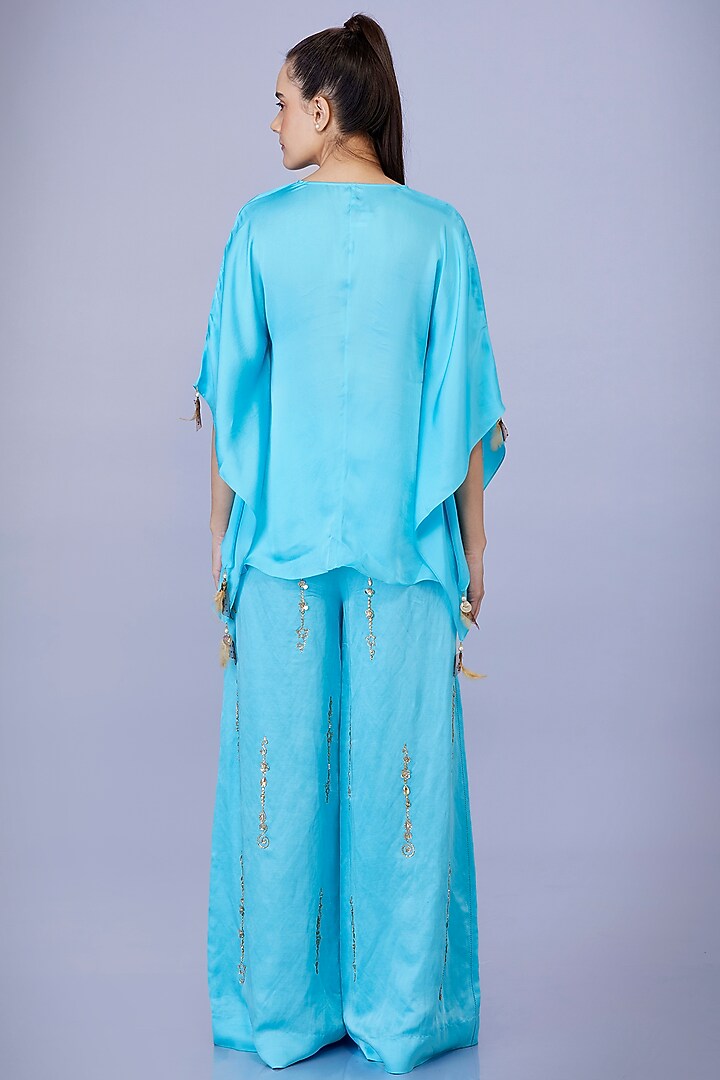 Pop Blue Blended Satin Linen Trousers by Dilnaz Karbhary at Pernia's Pop Up Shop