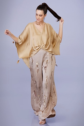 Stone Grey Blended Satin Linen Sequins Trousers by Dilnaz Karbhary