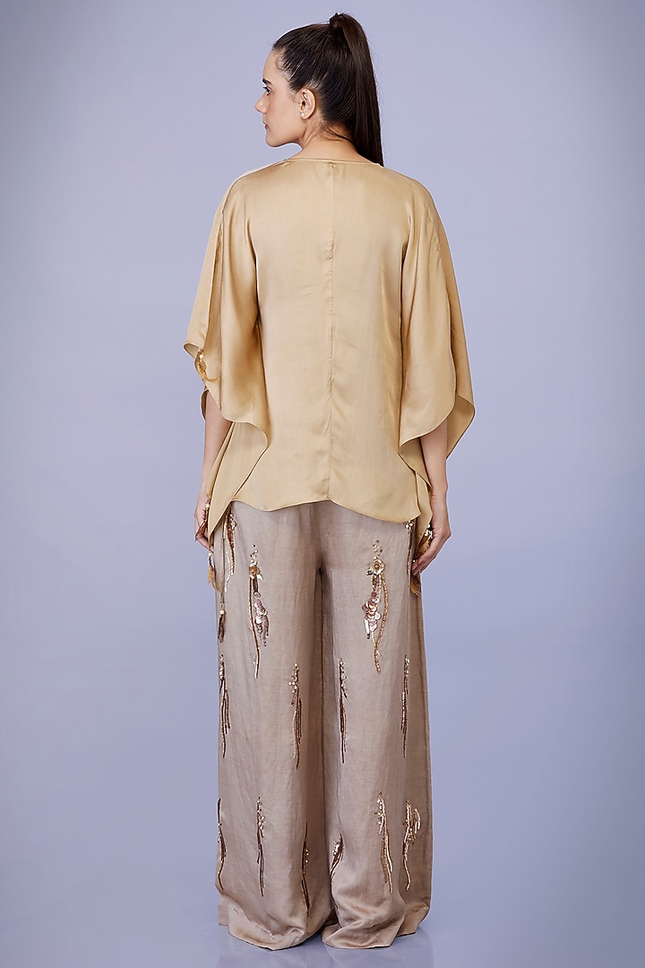 Stone Grey Blended Satin Linen Sequins Trousers by Dilnaz Karbhary at Pernia's Pop Up Shop