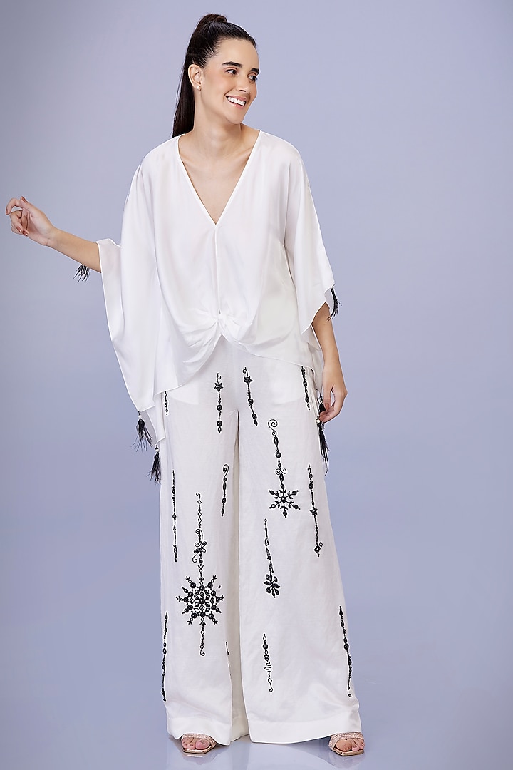 Ivory Blended Satin Draped Kaftan Top by Dilnaz Karbhary at Pernia's Pop Up Shop