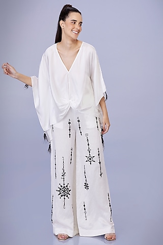 Ivory Blended Satin Draped Kaftan Top by Dilnaz Karbhary