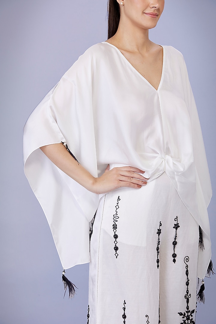 Ivory Blended Satin Draped Kaftan Top by Dilnaz Karbhary at Pernia's Pop Up Shop