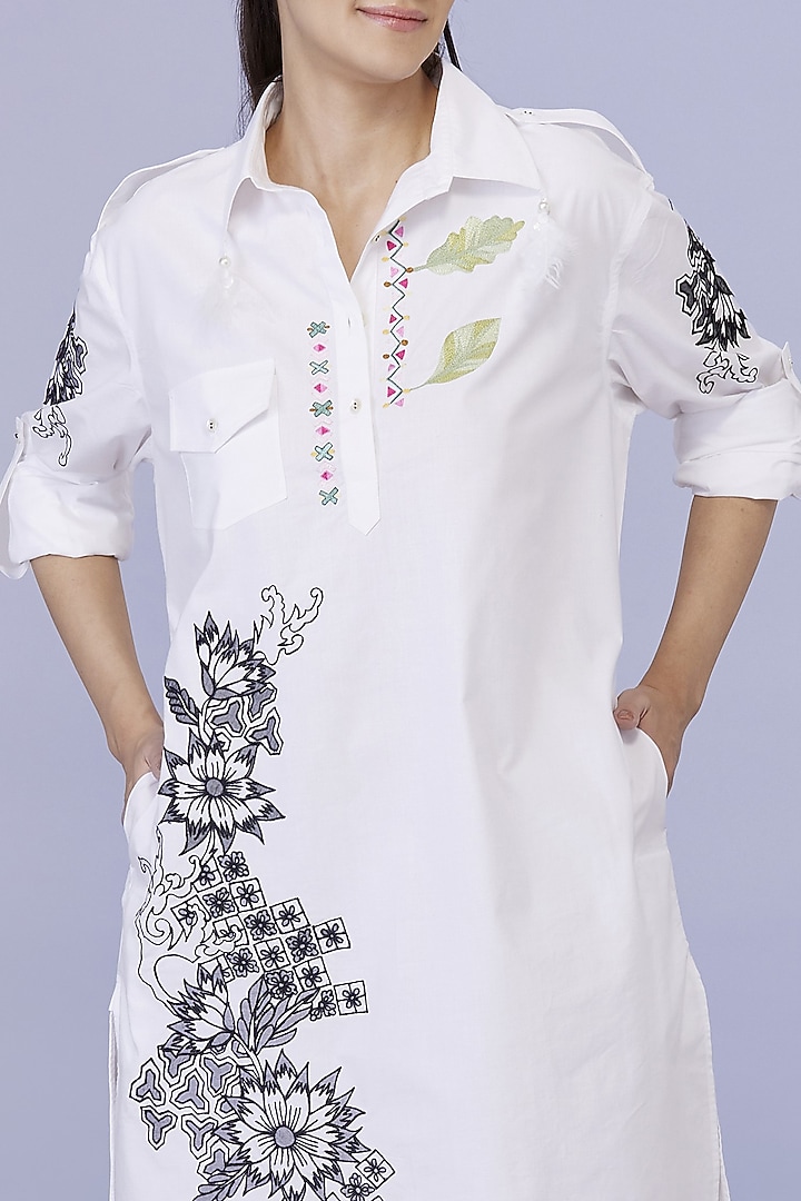 White Cotton Cutwork Embroidered Pathani Tunic by Dilnaz Karbhary at Pernia's Pop Up Shop